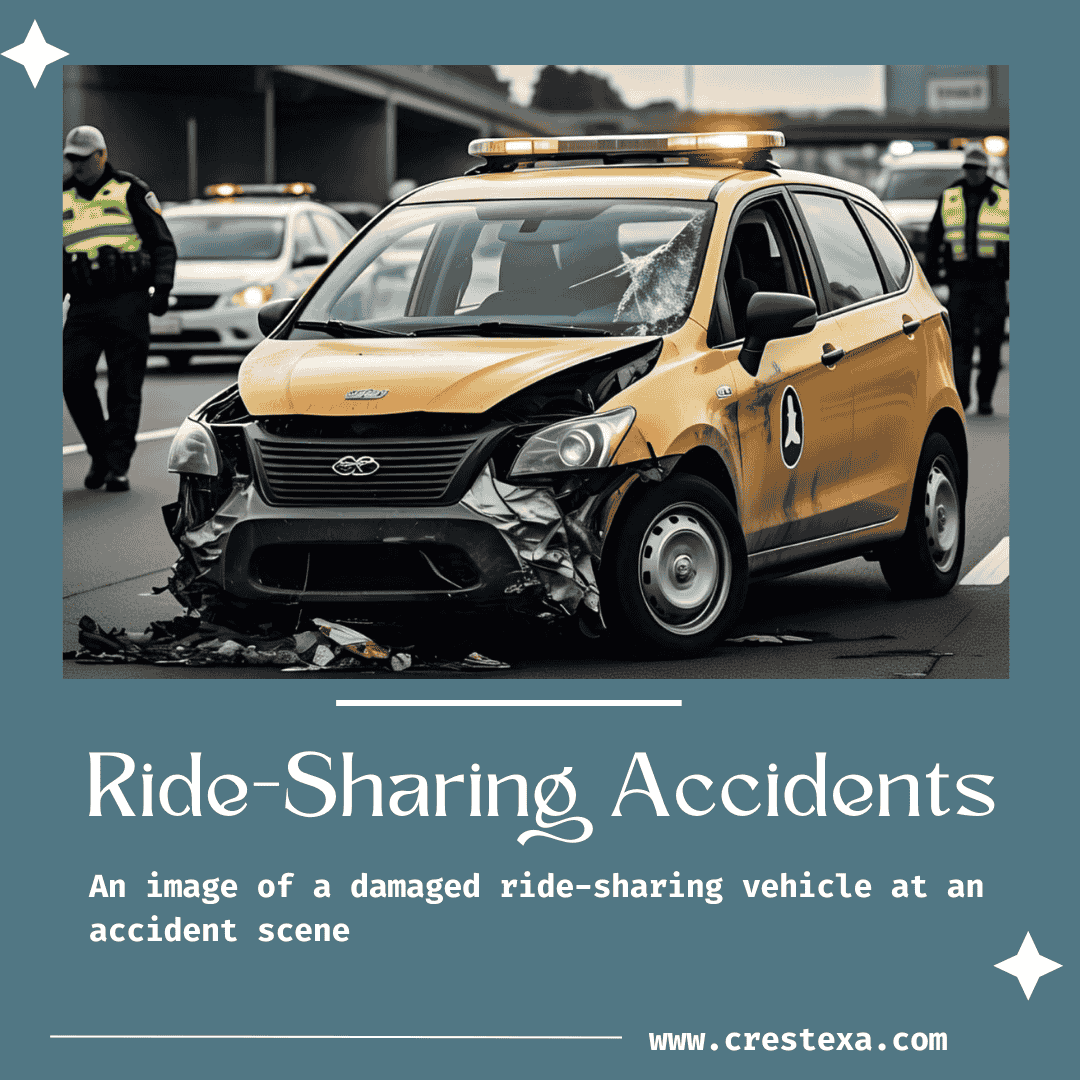 An image of a damaged ride-sharing vehicle at an accident scene – to highlight the risks involved in ride-sharing transportation.